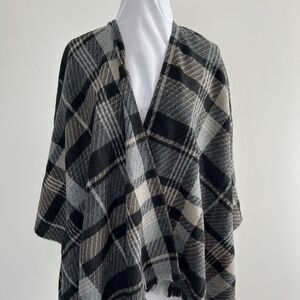 Modena Grey and Black Plaid Cape Open Poncho Shawl